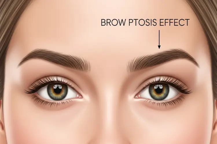eyebrows drooping slightly due to Botox, labeled brow ptosis effect.