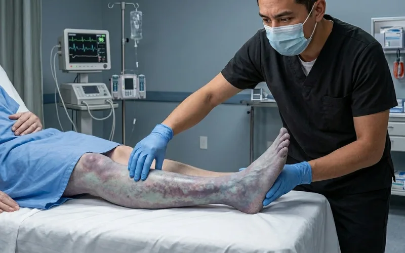 “Cold pale leg with blocked blood flow emergency concept, dramatic medical emergency illustration”