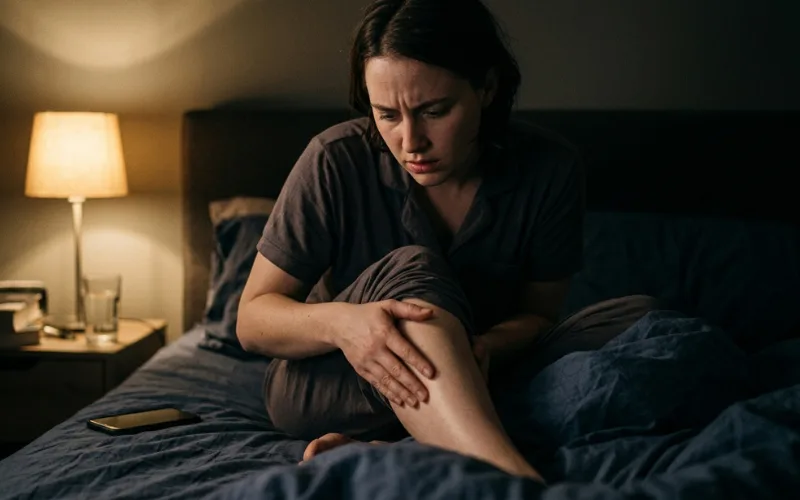 “Anxious person focusing on heartbeat sensation in leg at night, soft dark room lighting”