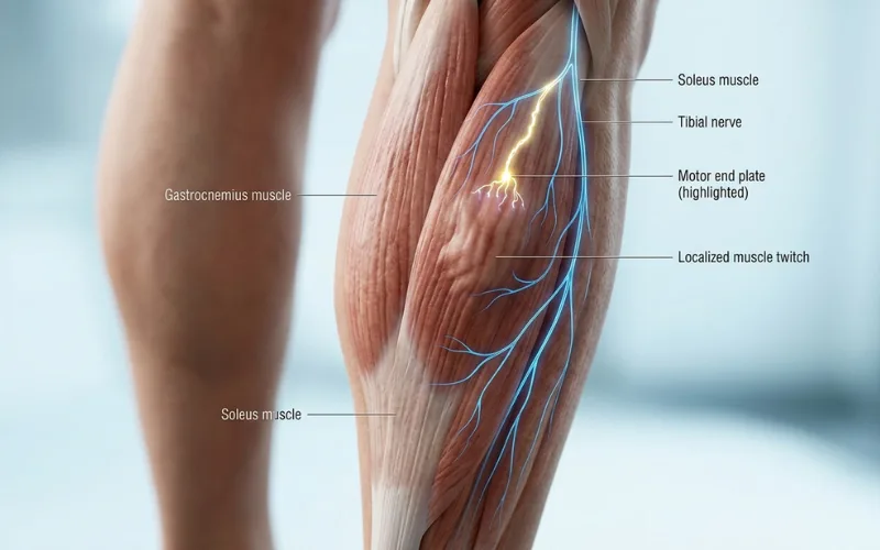 “Small calf muscle twitch highlighted with nerve signals, realistic anatomy close-up”