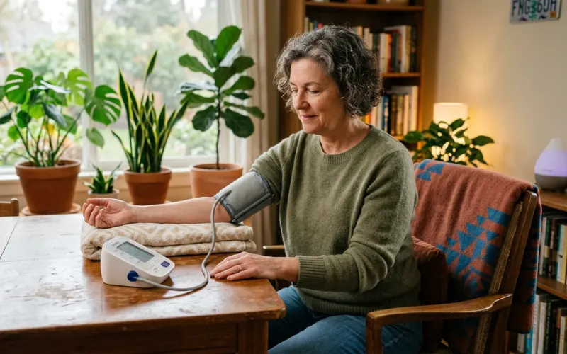 Person using digital blood pressure monitor at home, arm supported, wellness environment