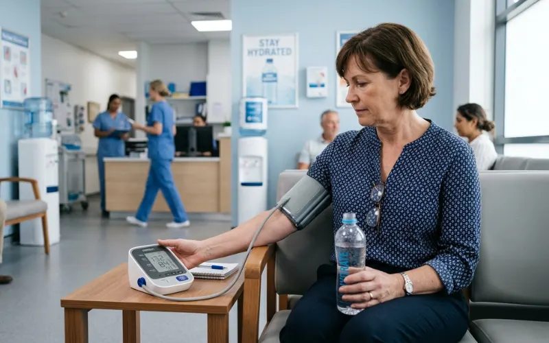 A woman holding water bottle and checking blood pressure, medical background.