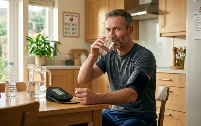 Healthy man drinking water beside blood pressure monitor.