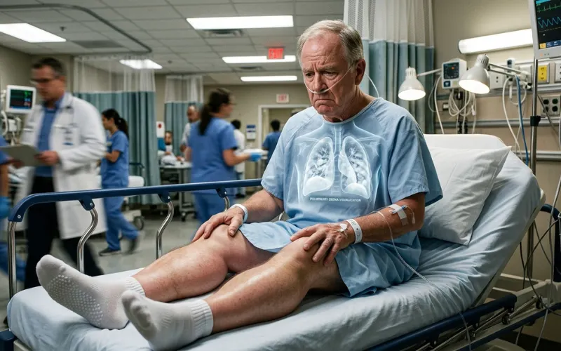 Realistic medical scene of older adult with severe swollen legs sitting on bed, transparent overlay showing lungs filled with fluid, worried facial expression, hospital emergency atmosphere, dramatic lighting, ultra realistic healthcare photography, high detail, editorial medical style