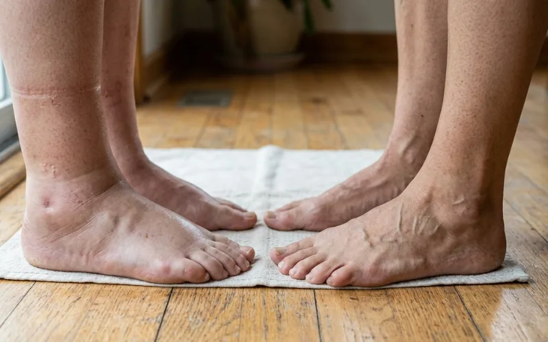 Close-up realistic image of swollen feet and ankles beside healthy feet comparison, natural indoor lighting, detailed skin texture, medical documentary photography style