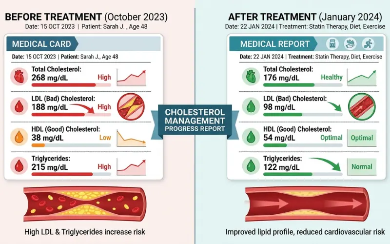Before and after cholesterol report comparison showing improved LDL and triglyceride levels after treatment.