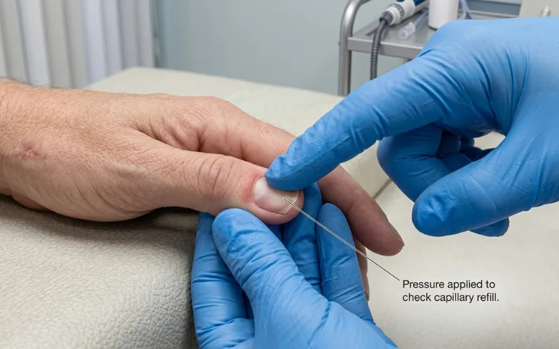 Finger nail pressed for circulation test, close-up medical illustration, realistic detail