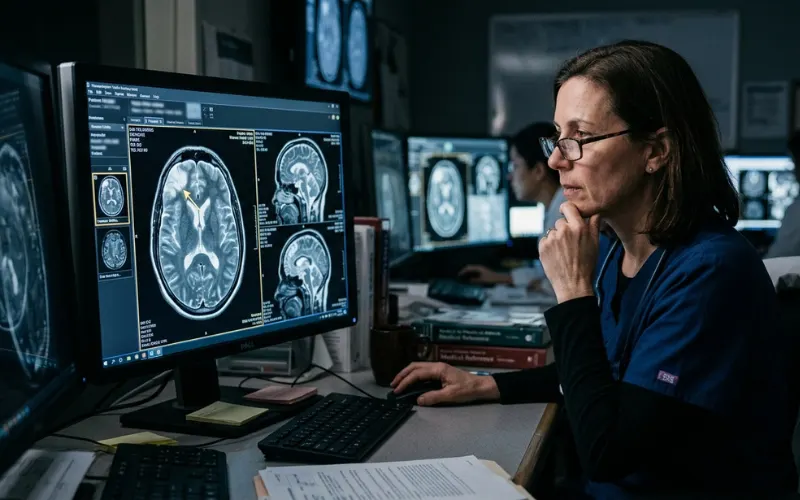 Realistic brain scan with swelling highlighted, neurologist reviewing MRI scans in hospital, dramatic medical lighting, documentary healthcare photography