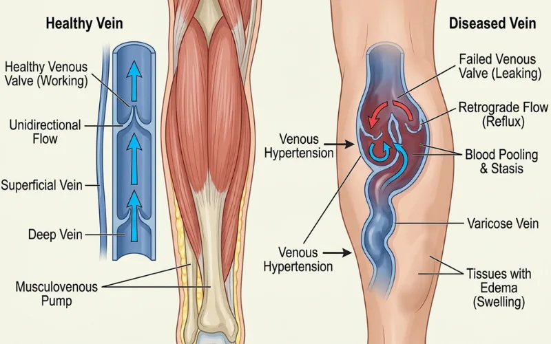 “Leg veins with failing valves causing blood pooling and swelling, realistic vascular medical illustration”