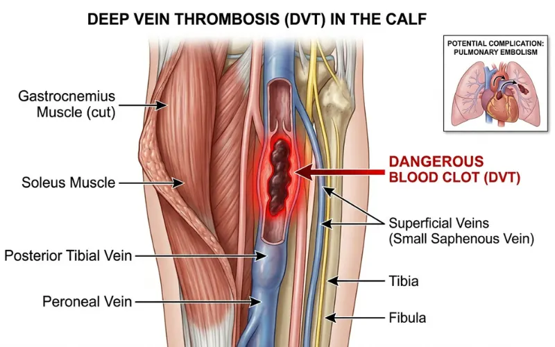 “Dangerous blood clot inside deep calf vein highlighted in red, medical emergency illustration, realistic anatomy”