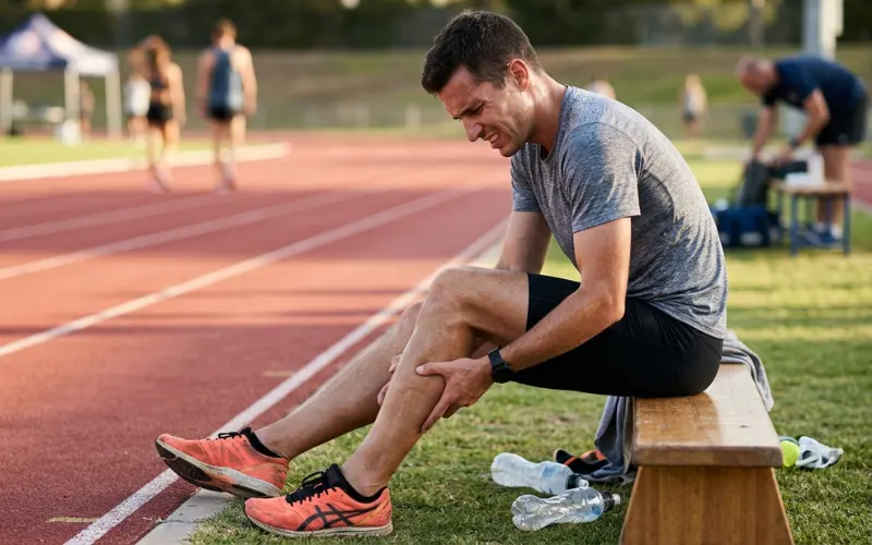 “Athlete holding cramped throbbing calf after workout, dehydration healthcare concept”