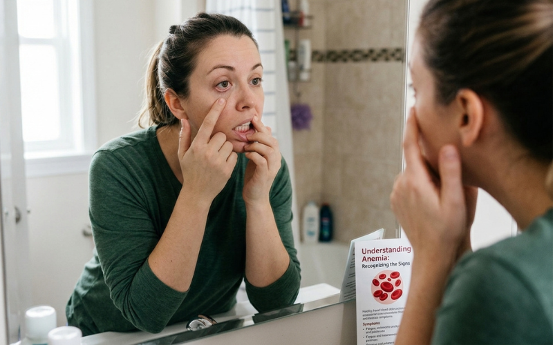 Person checking lower eyelid and gums in mirror, anemia awareness concept