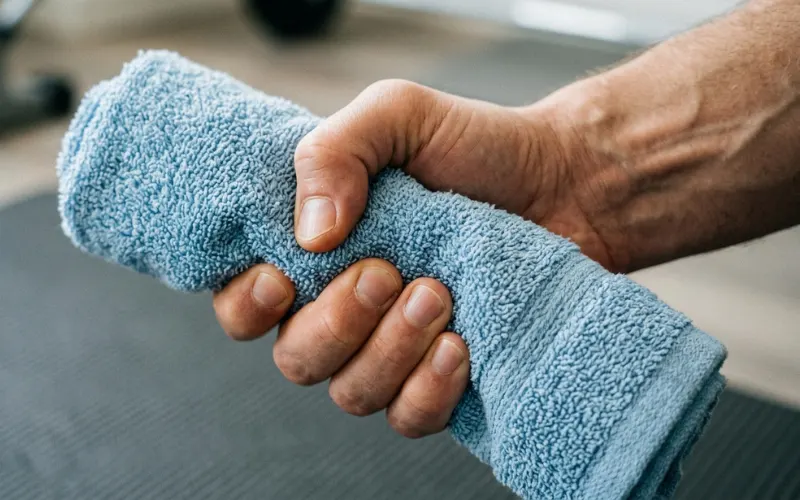 Hand squeezing rolled towel tightly, strength assessment, realistic close-up