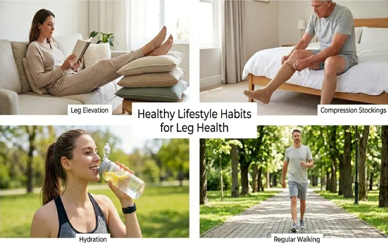 “Leg elevation, compression stockings, hydration, and walking shown in healthcare lifestyle collage”