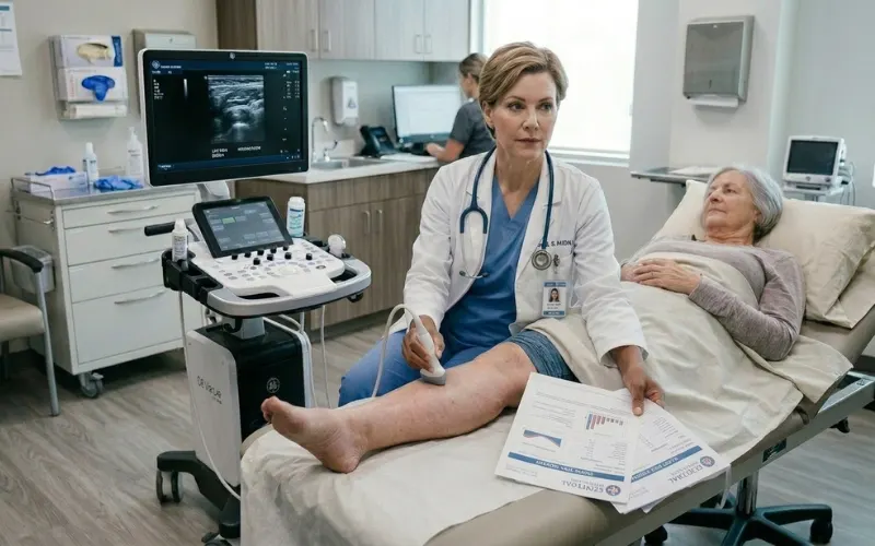 Doctor performing leg ultrasound and reviewing blood test reports for edema diagnosis, modern clinic setting, realistic healthcare photography