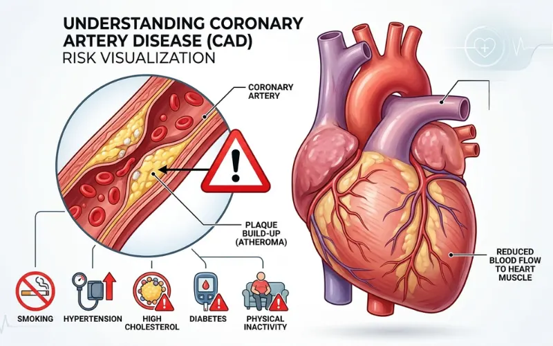 Blocked heart arteries with warning symbols, cardiovascular disease risk visualization.