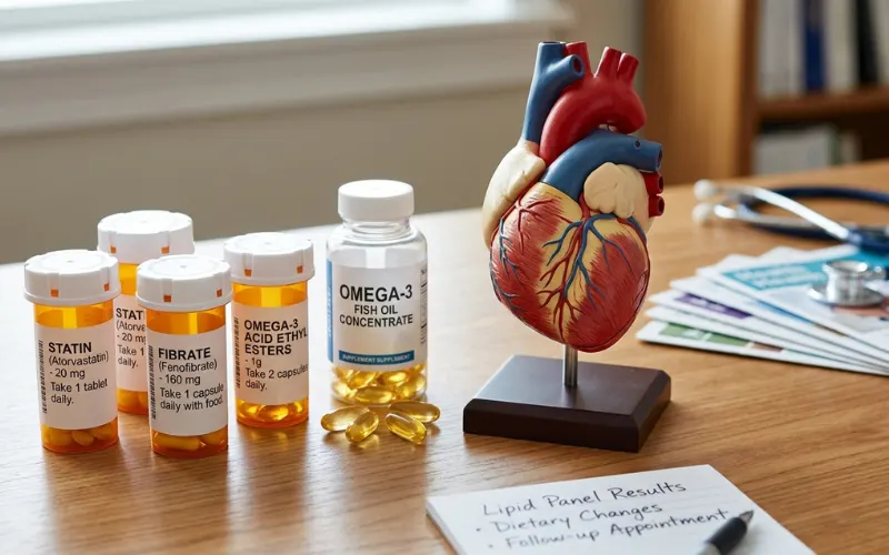 Statins, fibrates, omega-3 capsules, and prescription bottles beside heart model, cholesterol treatment concept.