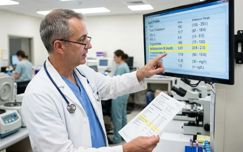 Doctor holding blood test report with lipid values, ApoB test highlighted on digital screeny.