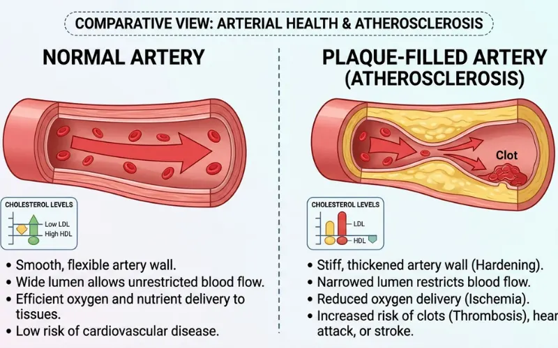 Side-by-side comparison of normal artery vs plaque-filled artery, cholesterol levels clinical comparison.