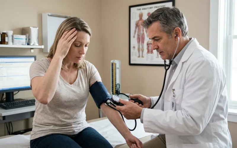 Doctor checking with headache and dizziness patient blood pressure.
