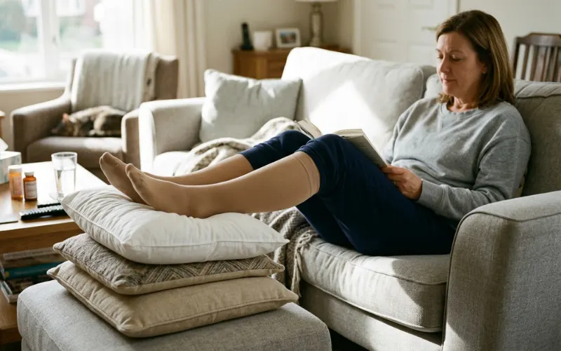 Person elevating swollen legs on pillows at home while wearing compression stockings, healthy recovery environment, bright realistic lifestyle photography