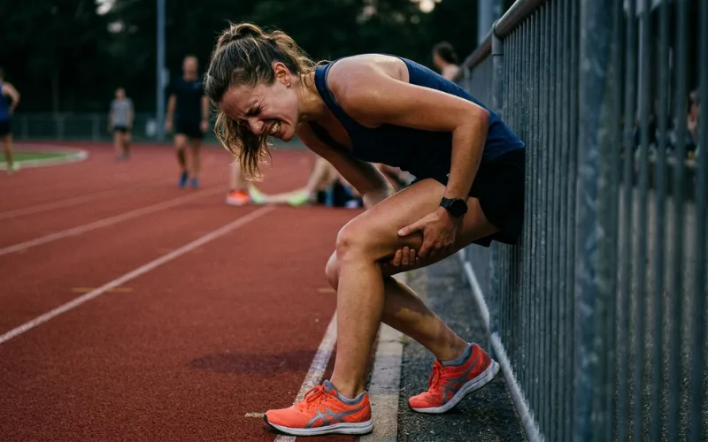 “Runner holding sore throbbing hamstring after intense workout, sports injury concept”