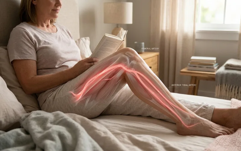 “Healthy leg arteries glowing subtly while person relaxes in bed, realistic anatomy overlay, calm medical concept”
