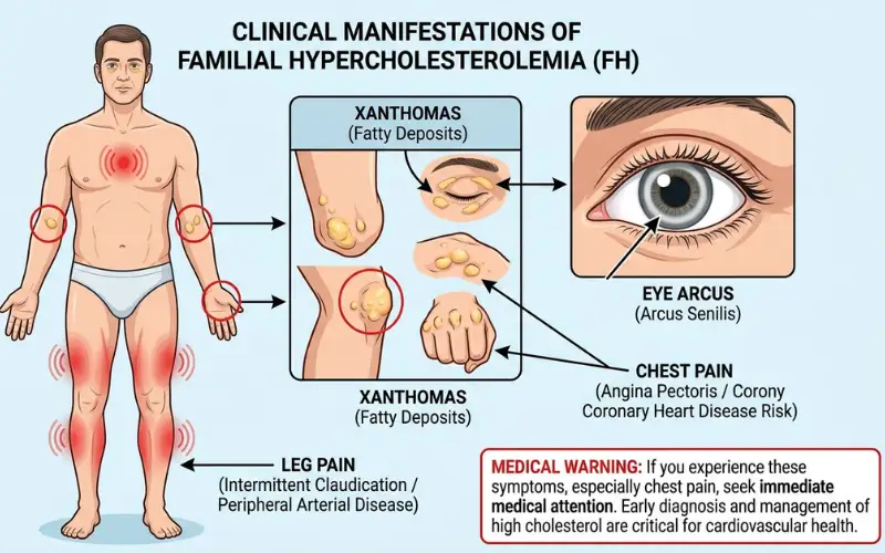 Human body with highlighted xanthomas on skin, eye arcus, chest pain and leg pain indicators, medical warning.