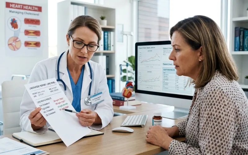 Doctor analyzing blood lipid report showing cholesterol and triglyceride levels, heart health concept.