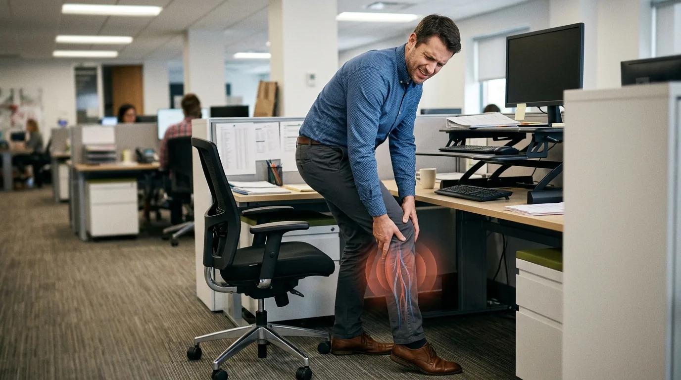“Office worker standing after prolonged sitting with throbbing calf sensation, circulation concept”