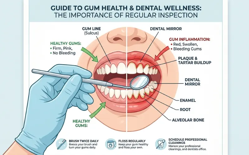 Open mouth inspection with mirror, gum health, dental wellness illustration