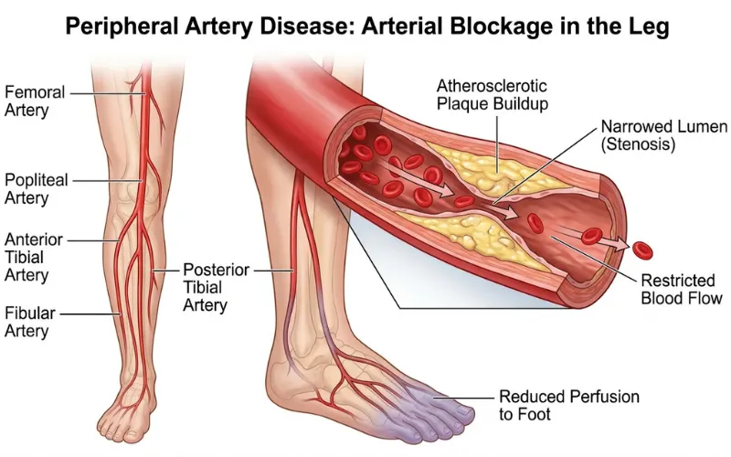 “Blocked leg artery reducing blood flow to foot, realistic plaque buildup medical illustration”