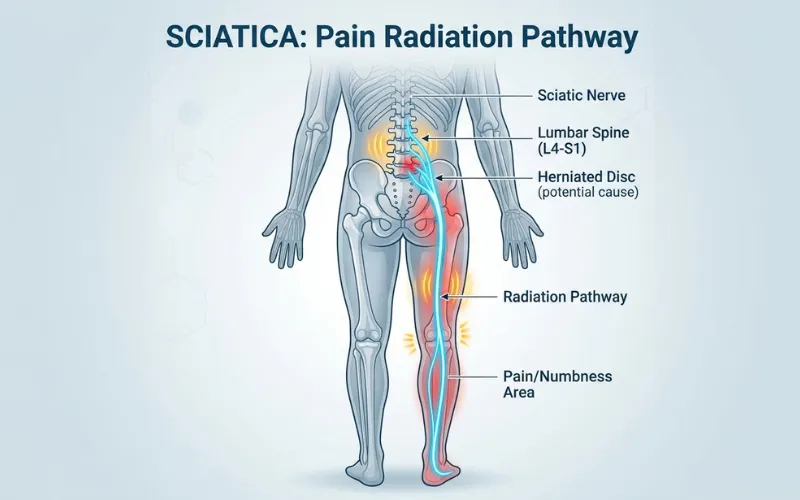 “Sciatic nerve pain radiating from lower back down leg, glowing nerve pathway illustration”