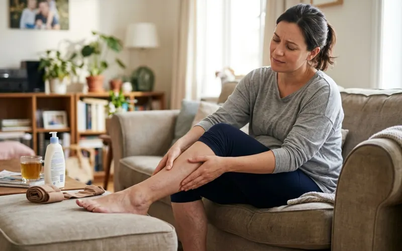 “Pregnant woman massaging tired throbbing legs with visible veins, realistic healthcare scene”