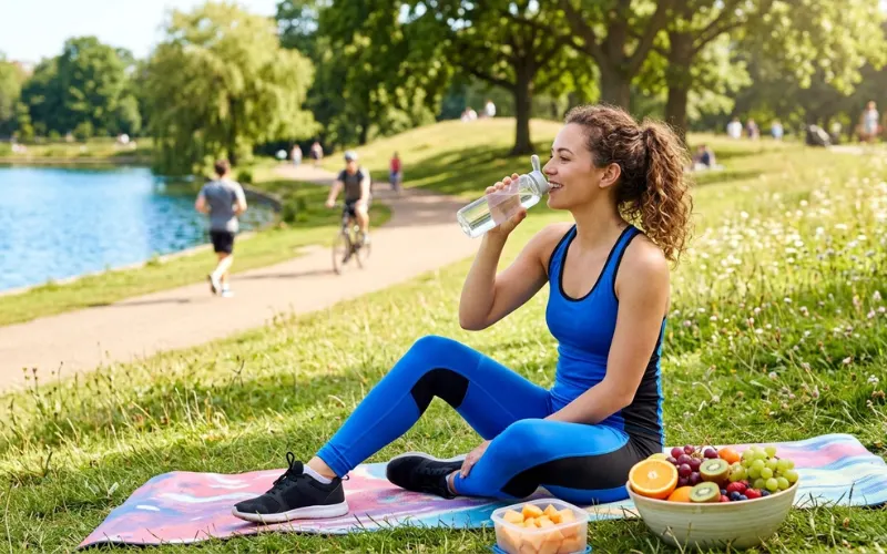 Young woman drinking water after exercise in park, healthy lifestyle with fresh fruits and outdoor fitness.