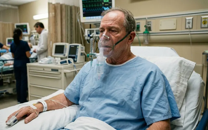 Ultra realistic patient struggling to breathe while sitting upright in hospital bed, oxygen mask, lung fluid visualization overlay, emergency medical setting