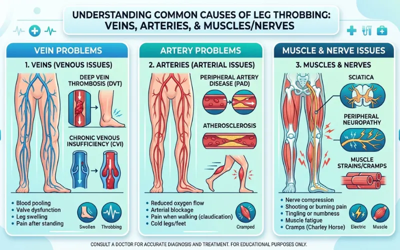 “Medical infographic showing three causes of leg throbbing: veins, arteries, and muscles/nerves, clean healthcare design”