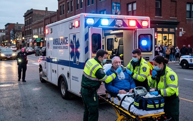 Realistic emergency ambulance response for patient with breathing distress and severe swelling, flashing medical lights, high urgency healthcare scene