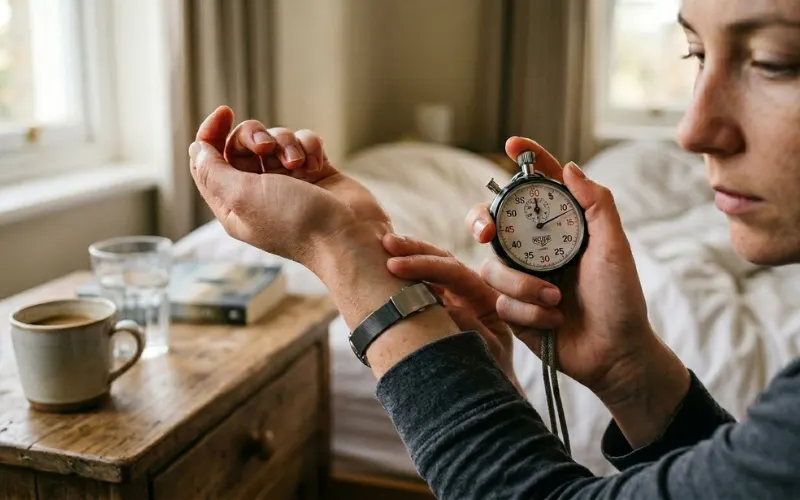 Close-up of fingers checking wrist pulse with stopwatch, morning health routine, realistic style