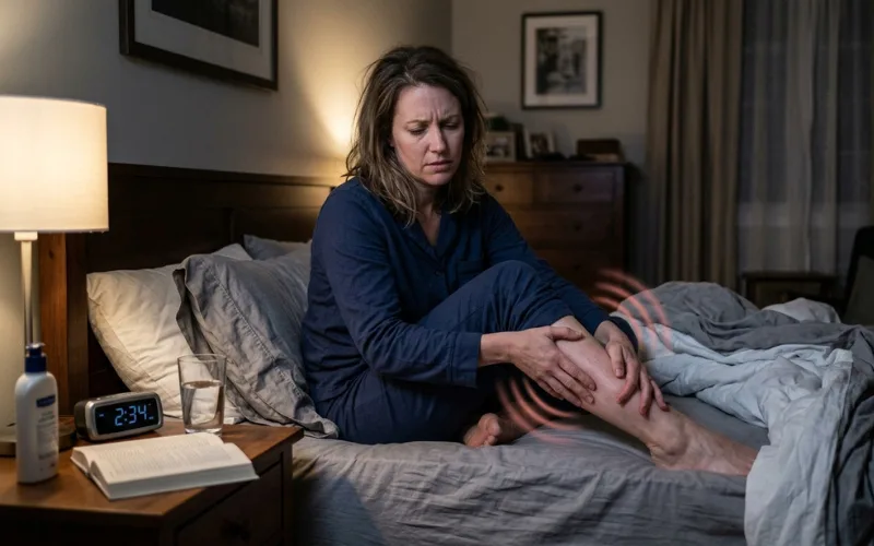 “Person unable to sleep due to restless throbbing legs, nighttime bedroom healthcare illustration”