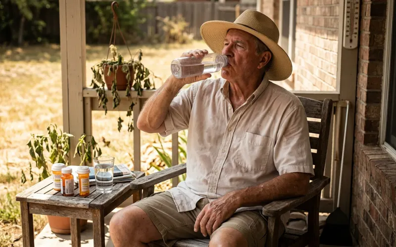 Elderly man drinking water outdoors in hot weather due to dehydration, with medicines placed beside him.