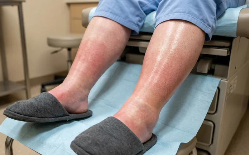 Close-up of severely swollen lower legs with shiny stretched skin and redness, medical clinic environment, realistic skin texture and edema detail