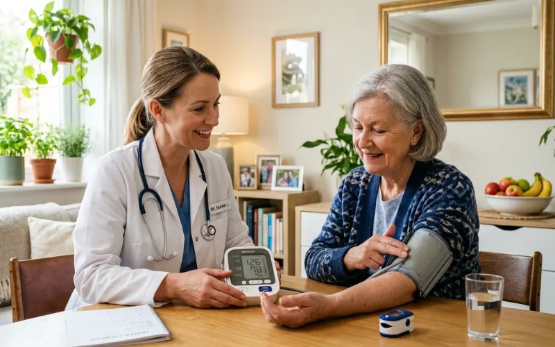Doctor showing home health tools, person checking pulse, mirror, blood pressure monitor, healthy lifestyle background, realistic medical blog thumbnail
