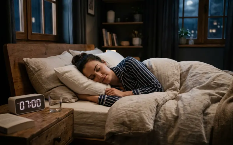 Person sleeping peacefully, alarm clock, night bedroom, healthy sleep concept