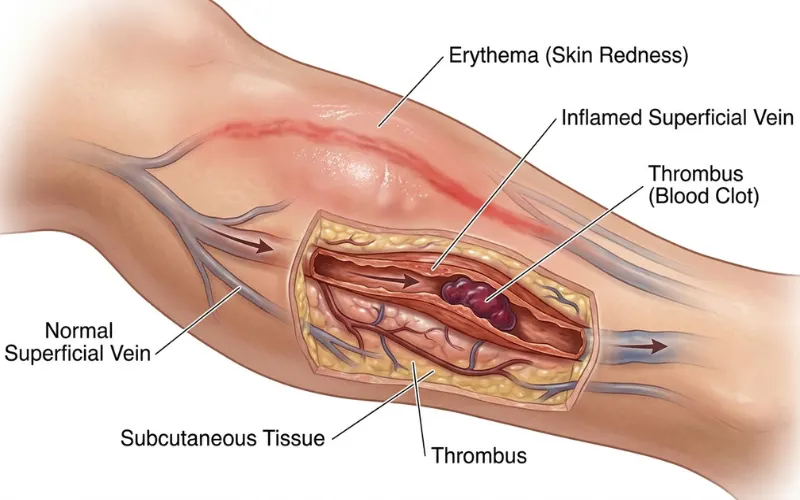 “Inflamed surface vein under skin with redness and tenderness, detailed medical visualization”