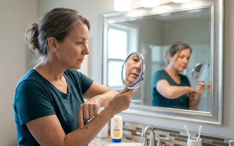 Person examining mole in mirror, skin health awareness, dermatology concept
