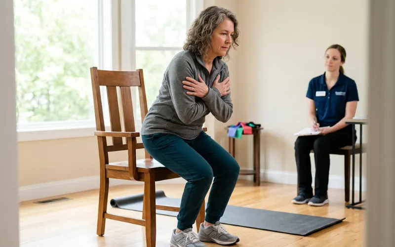Adult standing from chair with crossed arms, home fitness assessment, bright room