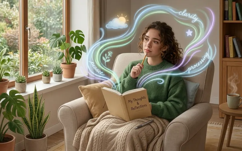 Thoughtful person journaling emotions, calm room, mental wellness illustration