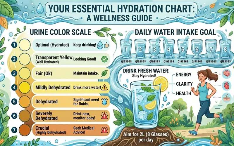 Hydration chart with urine color scale, water glass, wellness illustration