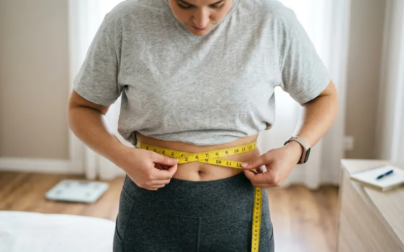 Measuring tape around waist at belly level, body health monitoring concept